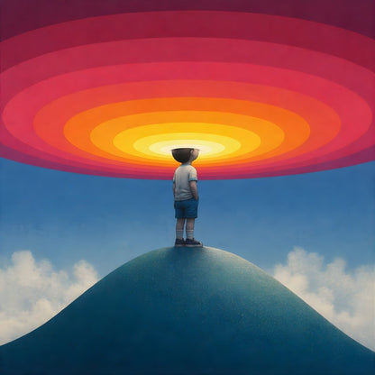 Tableau enfant colline horizon cercles concentriques dégradé rouge orange jaune ciel artistique moderne
