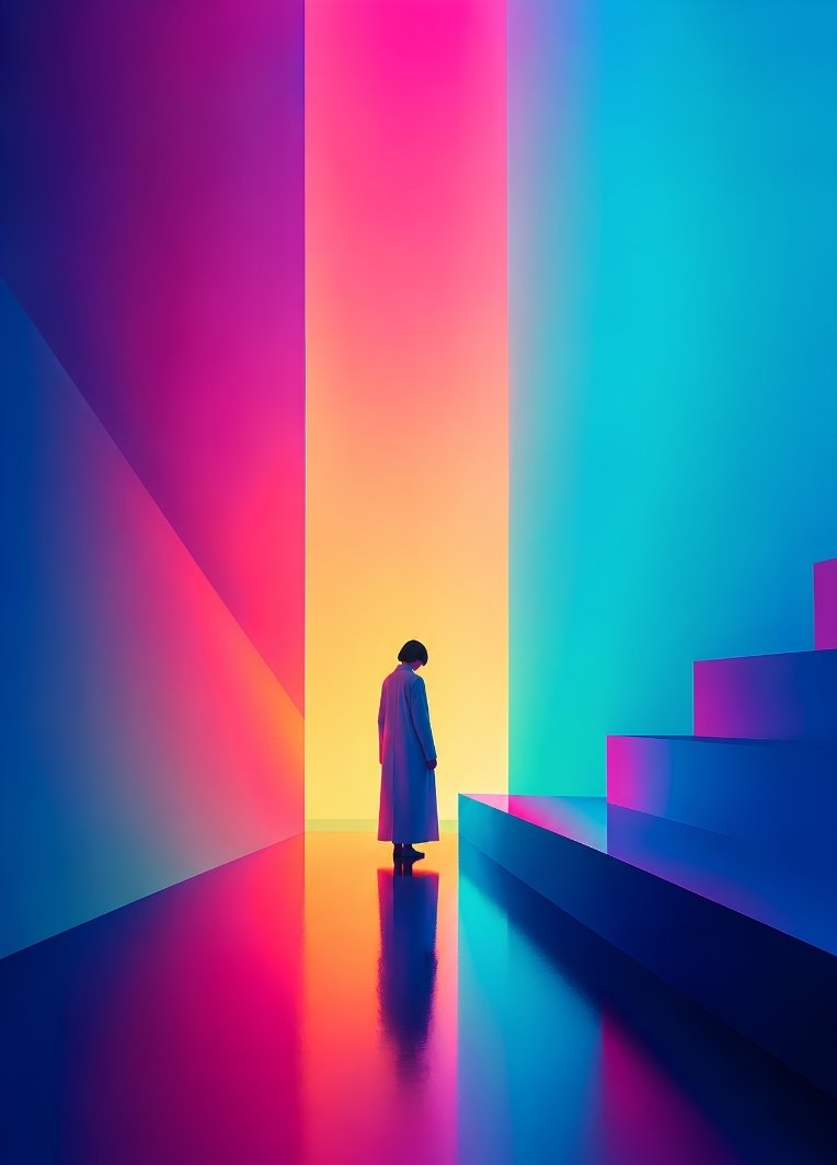 Tableau minimaliste représentant une silhouette face à un immense faisceau de lumière colorée
