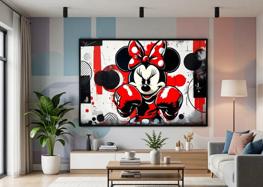 Tableau Minnie Boxeuse accroché dans un salon moderne, décoration murale pop art avec fond graffiti, ambiance dynamique et contemporaine.