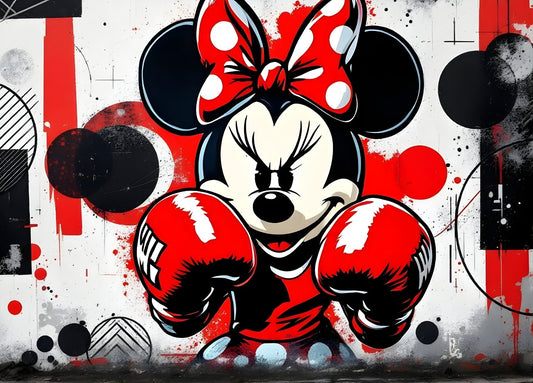 Tableau Minnie Boxeuse en style pop art, gants de boxe rouges et ruban assorti, fond graffiti dynamique, création exclusive Iconik-Art.