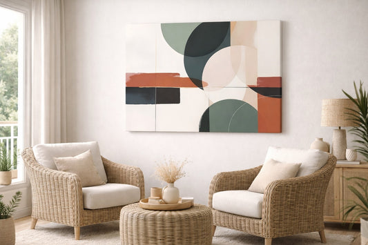 Tableau abstrait moderne terracotta et sauge en décoration intérieure contemporaine
