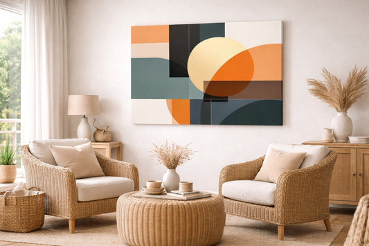 Tableau abstrait géométrique ocre et bleu en décoration intérieure contemporaine
