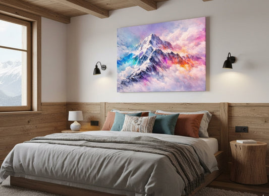 Tableau montagne moderne intégré dans salon design contemporain
