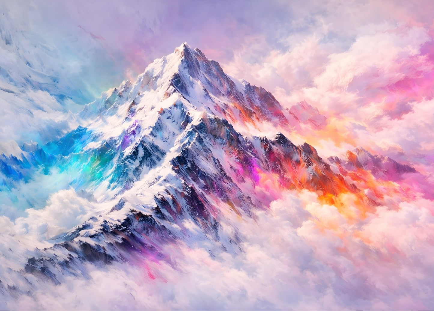 Tableau montagne colorée moderne aux teintes vibrantes
