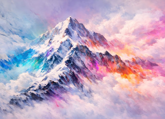 Tableau montagne colorée moderne aux teintes vibrantes
