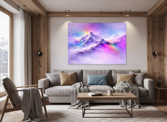 Tableau paysage montagne intégré dans intérieur contemporain design
