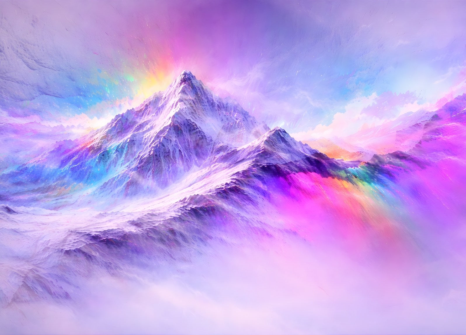 Tableau montagne lumineuse aux couleurs iridescentes contemporaines

