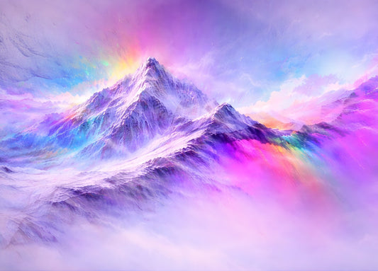 Tableau montagne lumineuse aux couleurs iridescentes contemporaines
