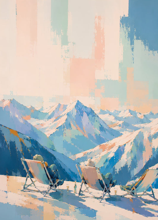 Tableau montagne représentant des transats face à une chaîne de sommets enneigés
