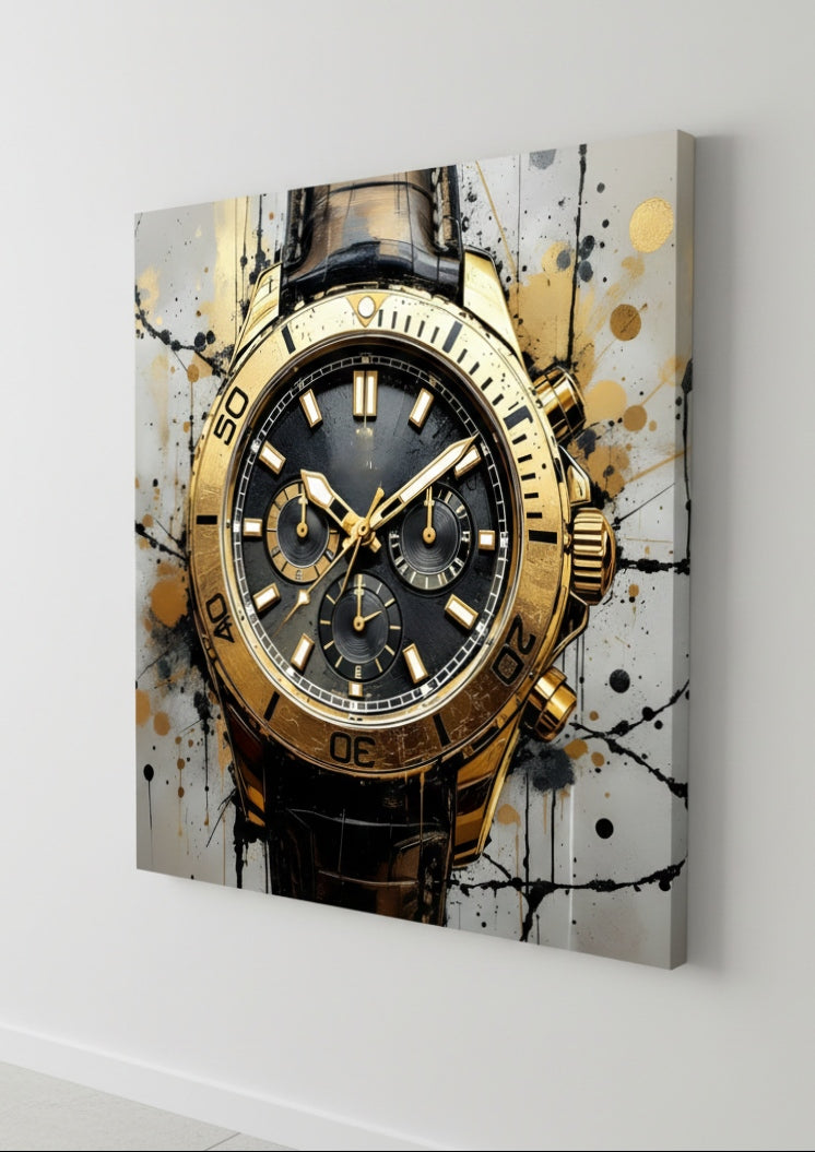Détail du cadran de la montre iconique avec accents dorés et texture picturale
