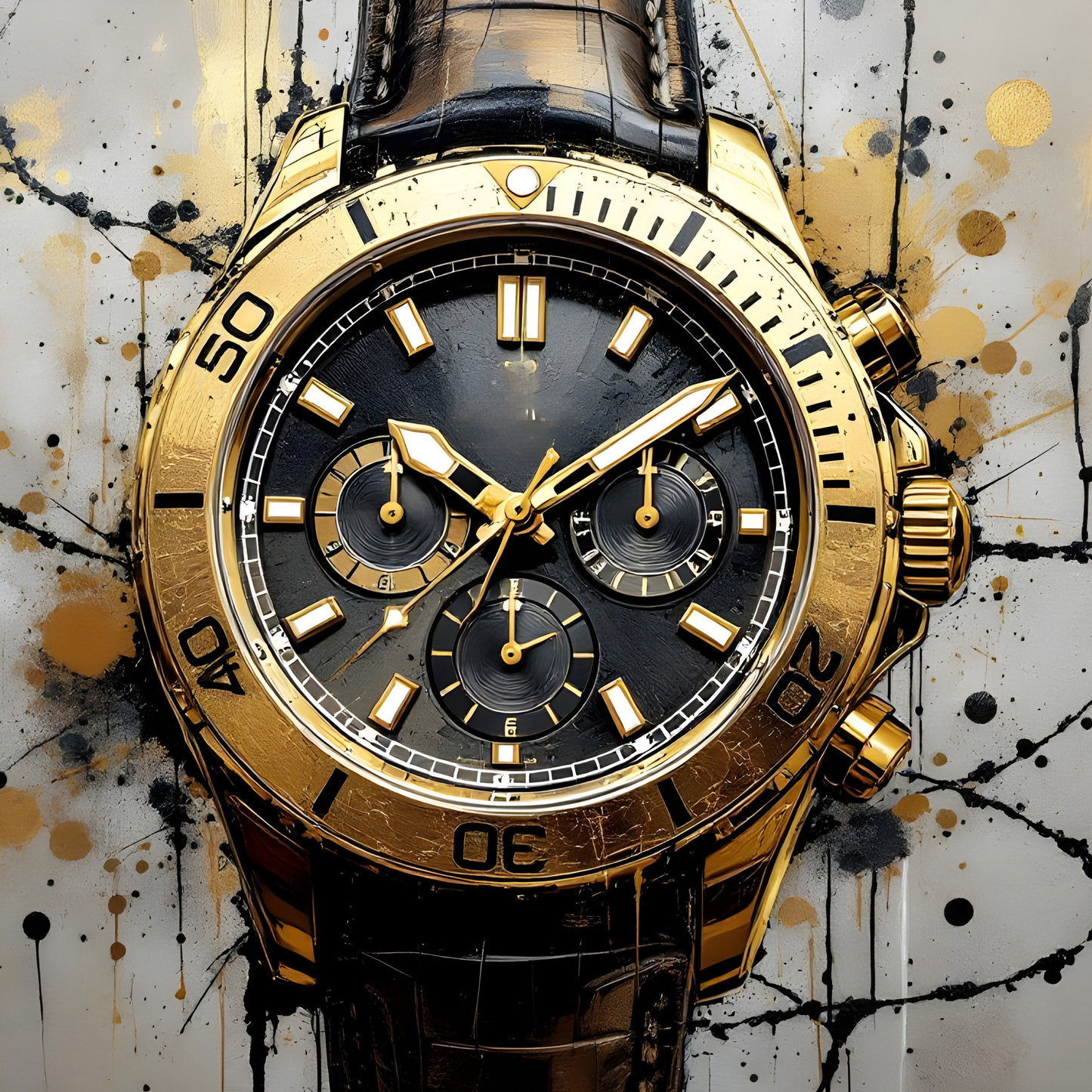 Tableau montre iconique noire et or en art mural contemporain
