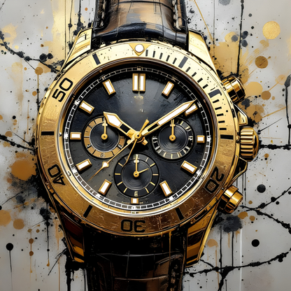 Tableau montre iconique noire et or en art mural contemporain
