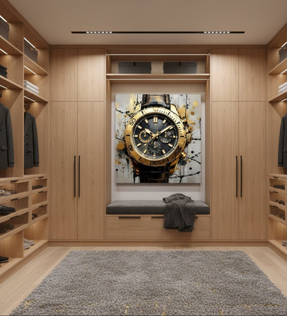 Tableau art mural montre iconique noire et or dans un intérieur contemporain
