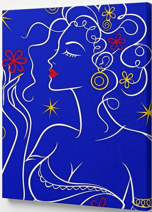 Tableau line art femme avec fleurs stylisées couleurs bleu rouge jaune décoration murale contemporaine
