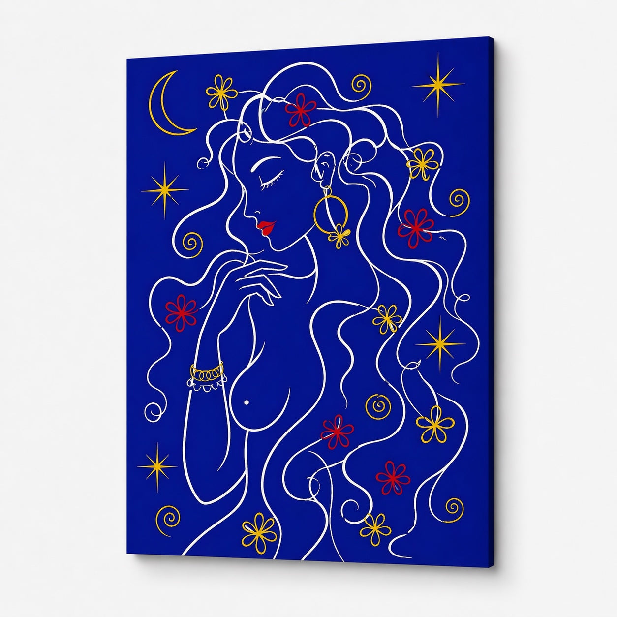 Tableau art graphique femme silhouette lignes épurées couleurs bleu jaune rouge décoration murale moderne
