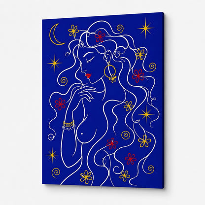 Tableau art graphique femme silhouette lignes épurées couleurs bleu jaune rouge décoration murale moderne
