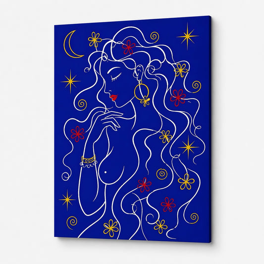 Tableau art graphique femme silhouette lignes épurées couleurs bleu jaune rouge décoration murale moderne
