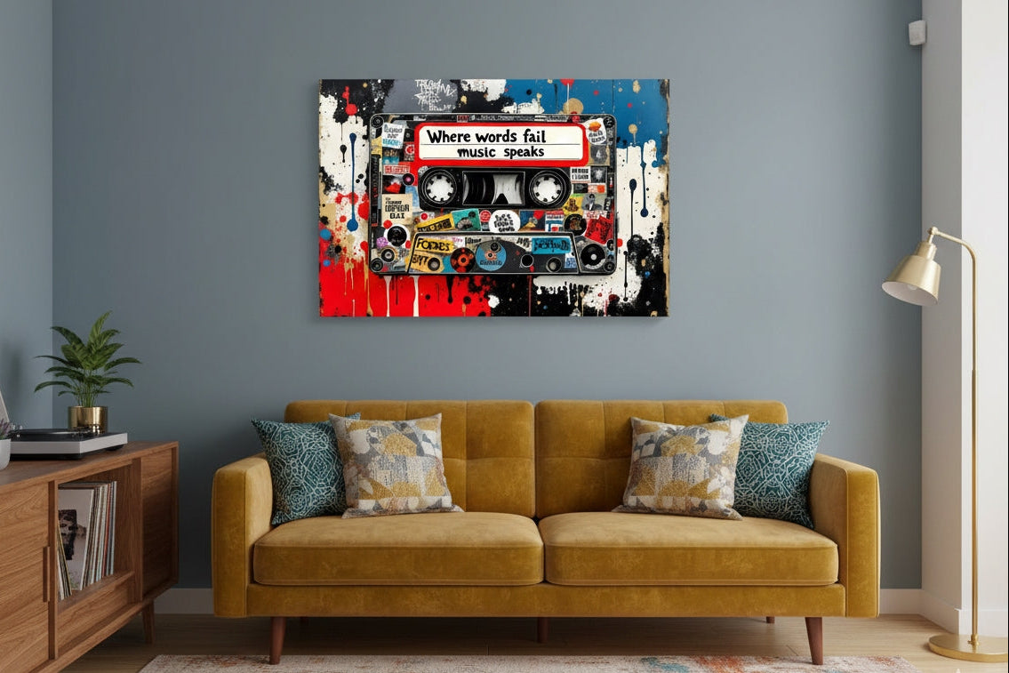 Tableau pop art cassette en situation dans un interieur moderne
