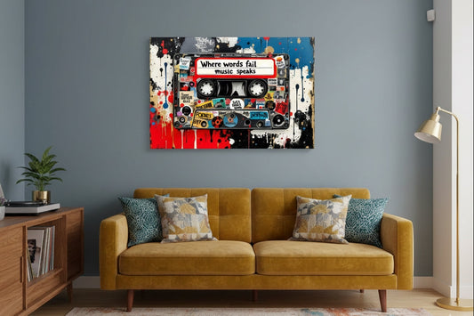 Tableau pop art cassette en situation dans un interieur moderne
