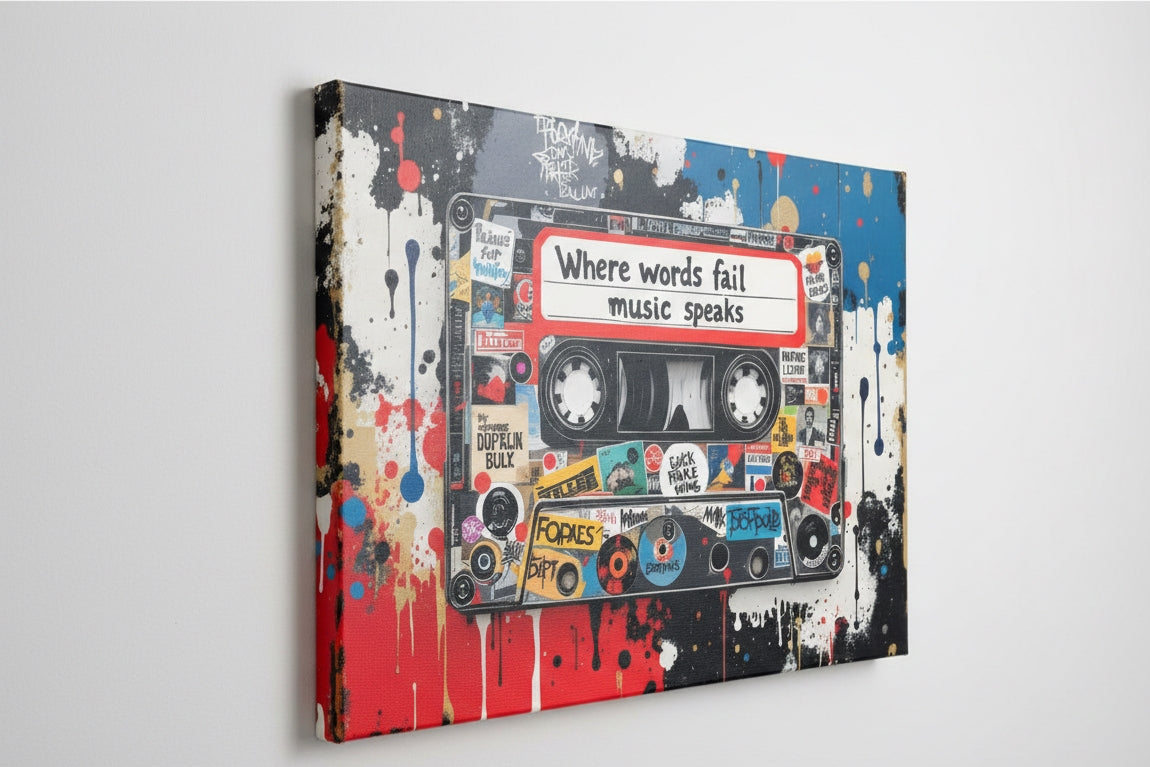 Toile pop art cassette vue de profil sur chassis entoile
