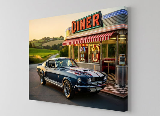 Tableau voiture américaine vintage avec diner néon rouge ambiance rétro paysage campagne coucher de soleil

