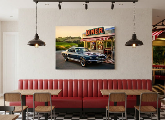 Tableau décoration murale voiture road trip USA style vintage couleurs chaudes ambiance cinématographique
