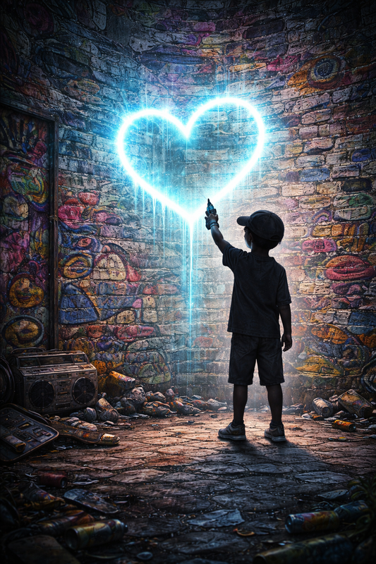 Tableau pop art coeur neon lumineux vue de face
