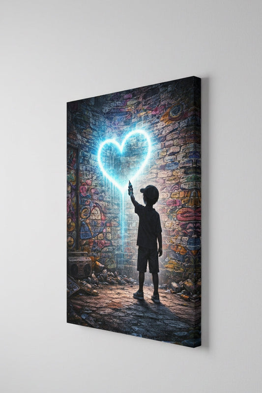 Toile pop art coeur neon vue de profil sur chassis entoile
