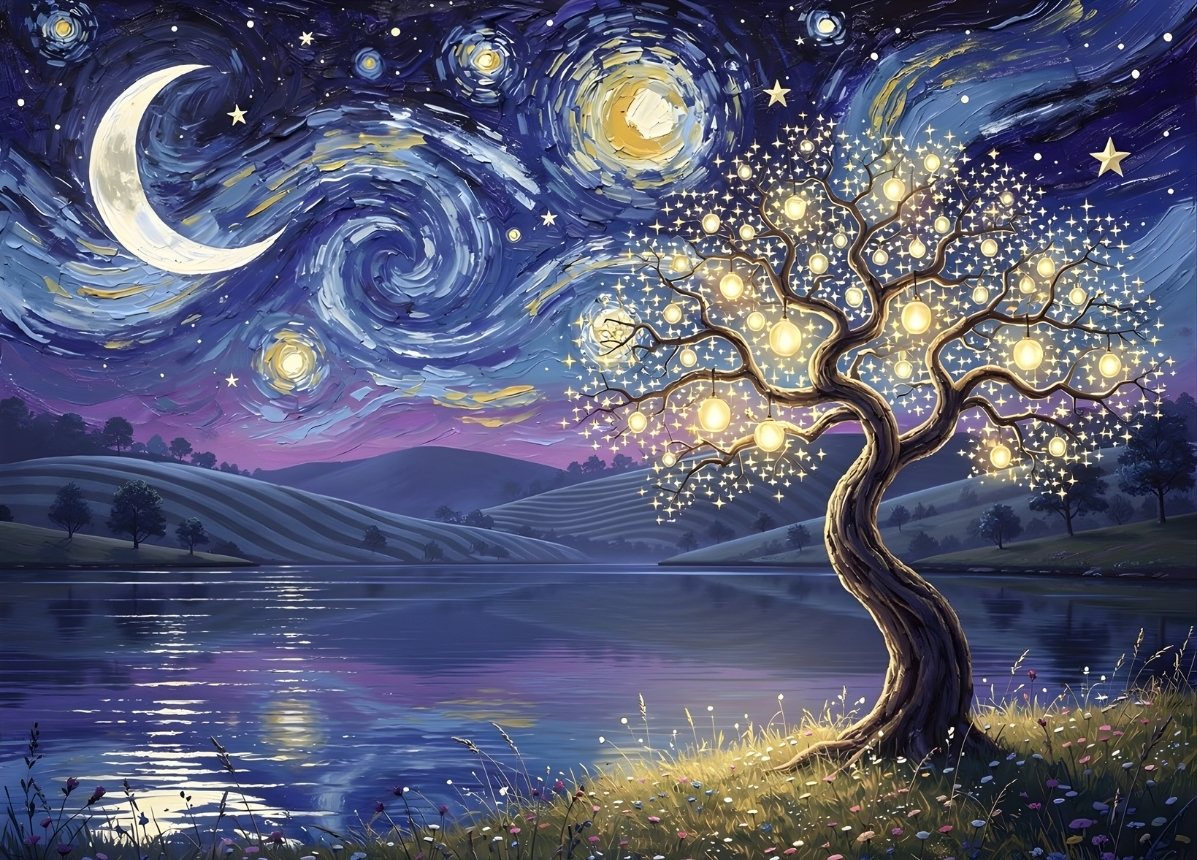 Tableau nuit étoilée avec arbre lumineux et ciel tourbillonnant inspiration Van Gogh
