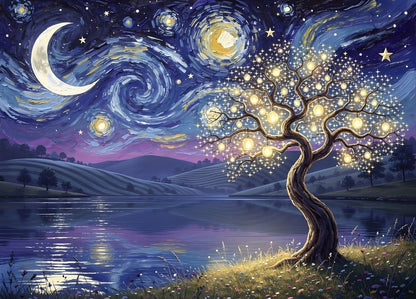 Tableau nuit étoilée avec arbre lumineux et ciel tourbillonnant inspiration Van Gogh
