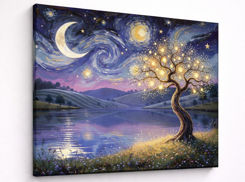 Tableau paysage nocturne avec reflet du ciel étoilé dans l’eau ambiance poétique
