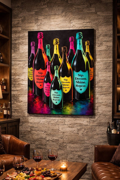 Tableau pop art champagne Sip Dream Shine Repeat décoration murale
