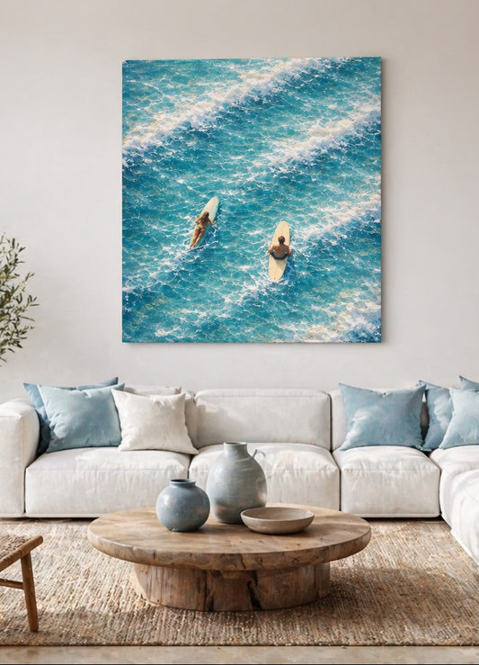 Tableau océan minimaliste surfeurs composition épurée eau turquoise ambiance détente décoration murale design
