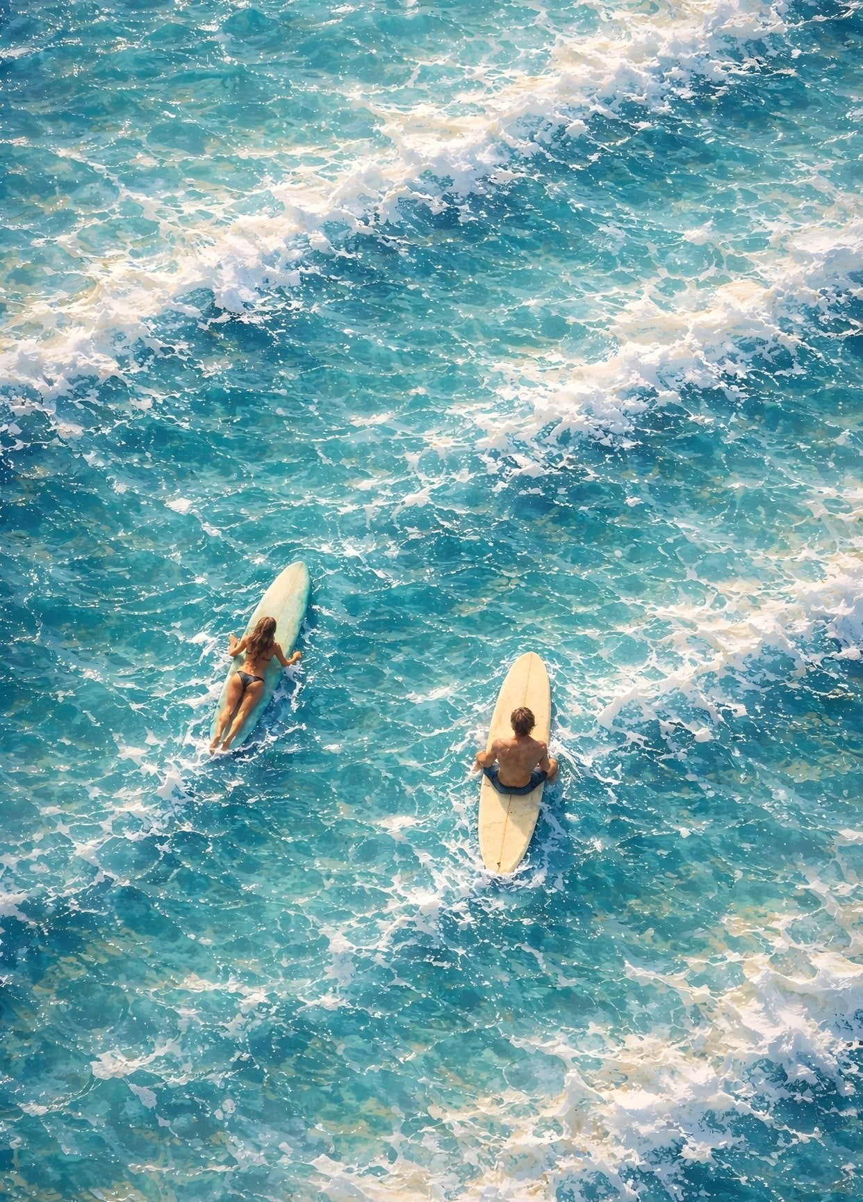 Tableau mer contemporain vue aérienne surfeurs eau turquoise vagues écume décoration murale moderne design
