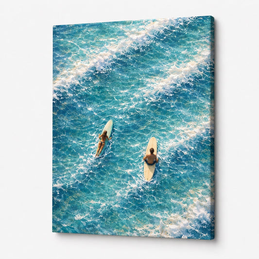 Tableau surf moderne océan bleu turquoise textures vagues écume style contemporain apaisant décoration murale
