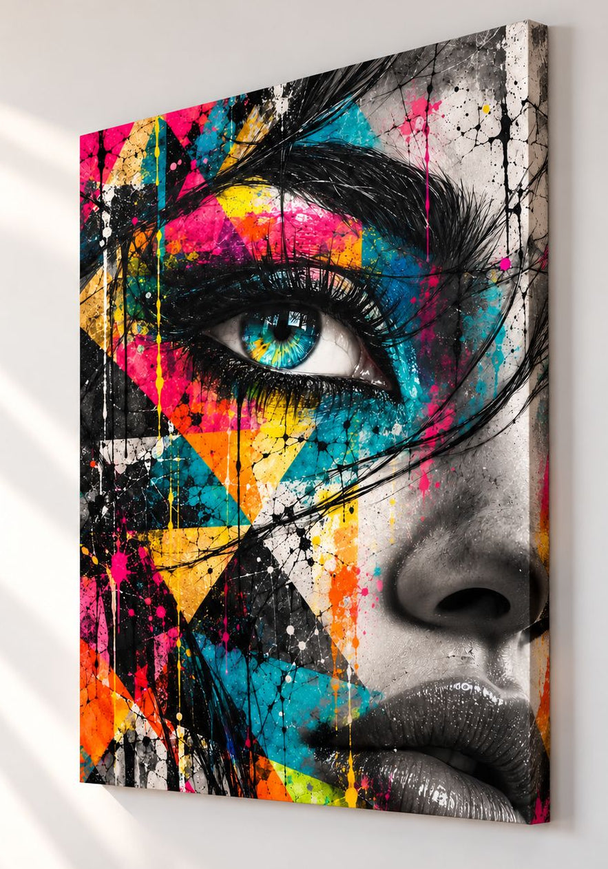 Portrait féminin contemporain avec regard bleu et couleurs éclatantes
