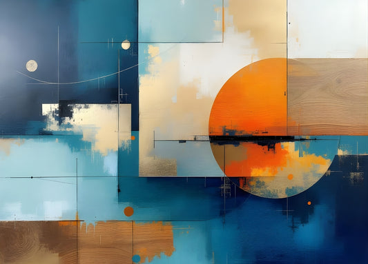 Œuvre abstraite bleu et orange vue de face
