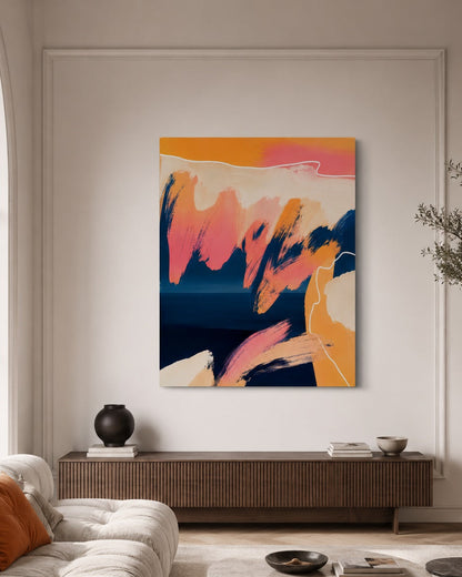 Création artistique abstraite moderne aux nuances rose poudré et bleu profond fabriquée en France
