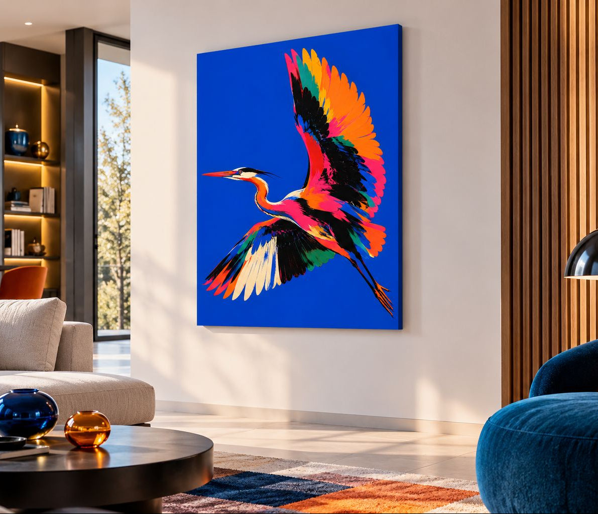 Tableau animal coloré avec grand oiseau aux ailes déployées
