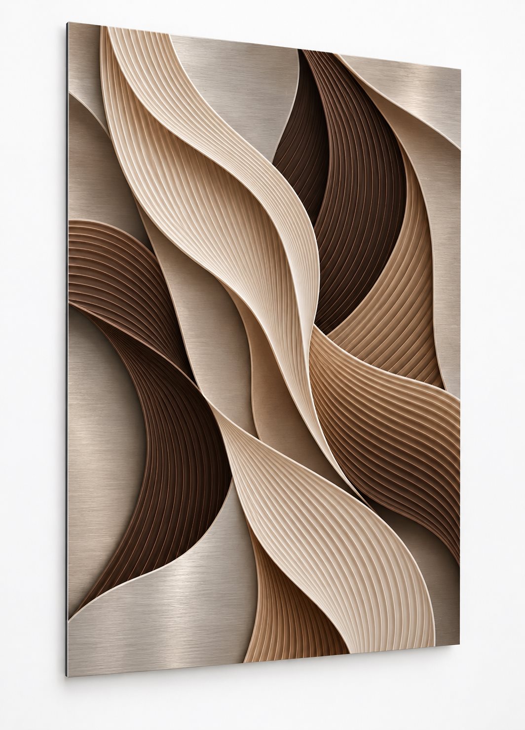 Tableau abstrait Ondes sur aluminium aux lignes courbes beige et chocolat
