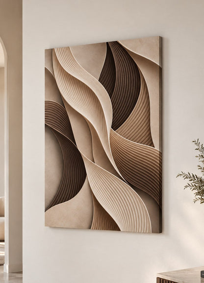 Tableau Ondes sur toile aux lignes organiques beige crème et chocolat
