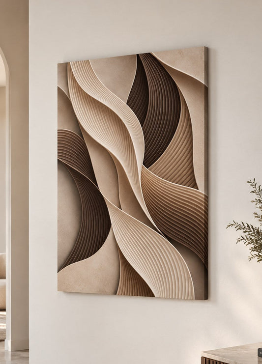 Tableau Ondes sur toile aux lignes organiques beige crème et chocolat
