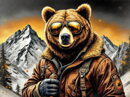 Ours portant des lunettes et une veste d’explorateur dans un décor de montagne enneigée
