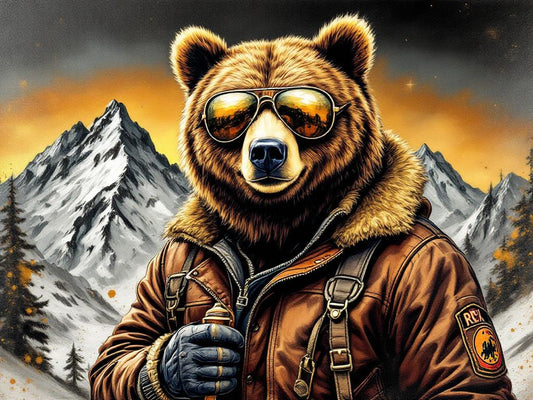 Ours portant des lunettes et une veste d’explorateur dans un décor de montagne enneigée
