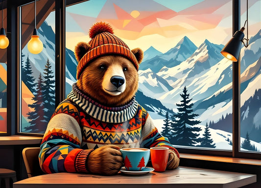 Tableau ours montagne style chalet hygge, décoration murale contemporaine ambiance alpine chaleureuse création exclusive
