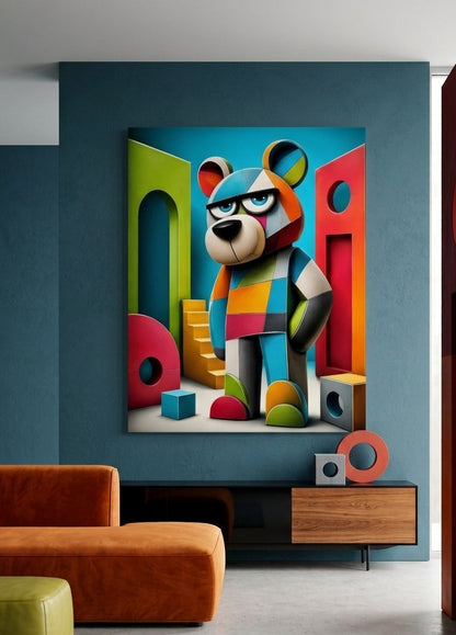 Tableau design pour chambre d'enfant mêlant univers animalier, géométrie et couleurs éclatantes
