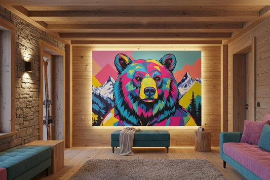 Tableau ours pop art accroché dans salon moderne, décoration murale colorée ambiance montagne contemporaine
