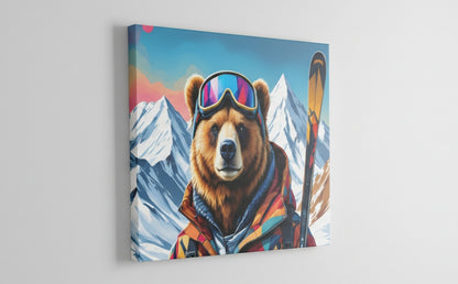 Ours en tenue de ski dans un univers alpin graphique, décoration murale montagne contemporaine
