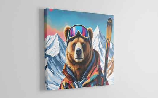 Ours en tenue de ski dans un univers alpin graphique, décoration murale montagne contemporaine
