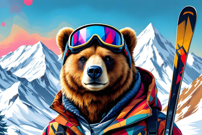Illustration d’un ours skieur équipé face aux sommets enneigés, tableau animal décalé de montagne
